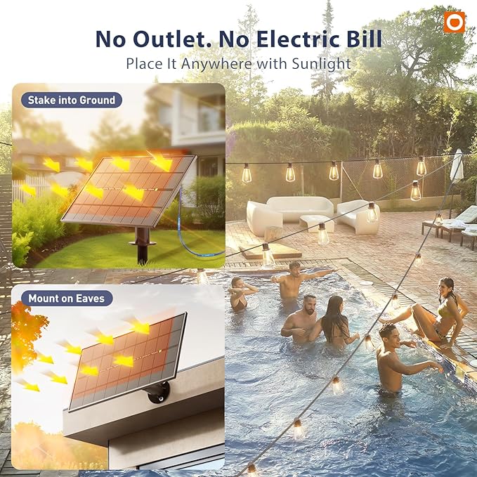 addlon 102FT(96+6) Solar String Lights Outdoor with Remote 48 LED Dimmable Waterproof Patio Hanging Lights (2FT Bulb Spacing) Long-Lasting Solar Light for Outside Yard Backyard Garden Camping