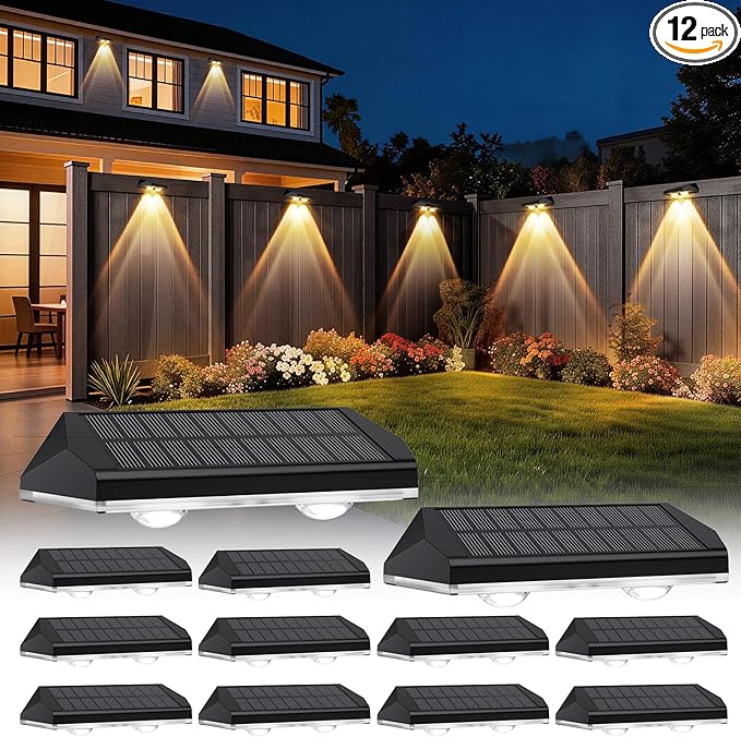 Solar Fence Lights Outdoor 3 Modes Warm/Neutral/Cool White Fence Lights Solar Powered for Outside IP65 Waterproof 60 Lumens Solar Light for Step Pathway Garden Deck Stairs - 12 Pack