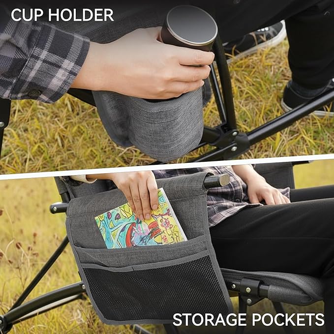 Oversized Rocking Camping Chair Folding Rocking Chair with High Back Padded Outdoor Rocking Chair Heavy Duty Portable Rocker Chair for Camping Lawn and Patio Supports Up to 400 lbs Grey