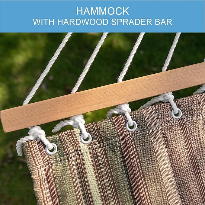 Lazy Daze 12 FT Quilted Fabric Double Hammock with Spreader Bars and Detachable Pillow 2 Person Hammock for Outdoor Patio Backyard Poolside 450 LBS Weight Capacity Mixed Green &amp Brown Stripe