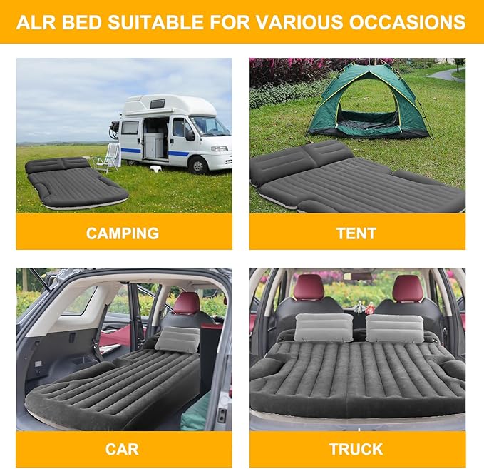 KMZ SUV Air Mattress Thickened and Double-Sided Flocking Travel Camping Bed with 2 Pillows &amp Electric Pump Dedicated Mobile Cushion Inflatable Bed for SUV Trunk and Rear Seat (Dark Gray)