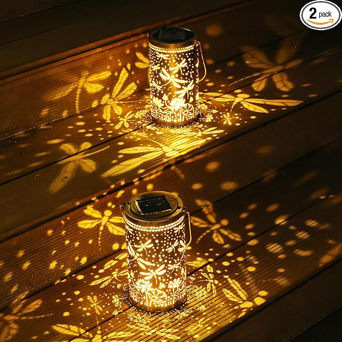 Fabuday Dragonfly Lotus Outdoor Solar Lantern Waterproof 2 Pack - Hanging Solar Power Lights Led for Outside Garden Decor for Patio Porch Balcony Yard and Deck Gardening Decoration Gift for Women