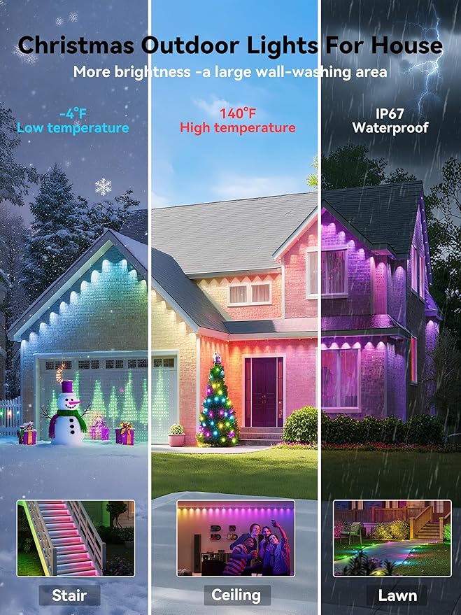 200FT Permanent Outdoor Lights Smart RGB Eave Lighting for House IP67 Waterproof LED Outside House Lights with App/Remote Control for Christmas Holiday Decor Party Daily
