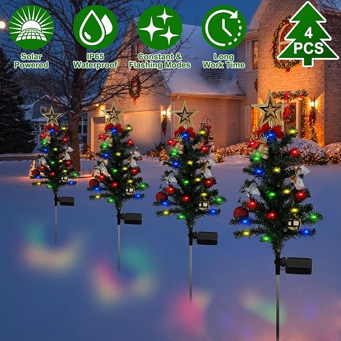 4 Pack Solar Christmas Decorations Tree Lights Upgraded Outdoor Solar Stake Decorative Lights Xmas Tree W/20 LED-RGB Lights IP65 Waterproof Dual Lighting Modesfor Garden Pathway Lawn Patio