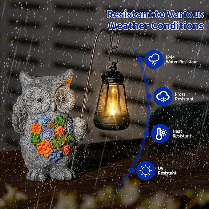 Solar Owl Garden Statue with Succulent Decor &amp Hanging Lantern – Outdoor Resin Decor for Patio Yard Balcony – Unique Gift for Women Gardeners