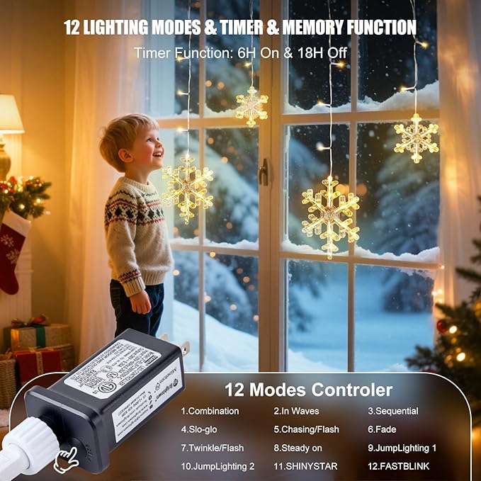 Minetom Christmas Snowflake Lights - 13ft 192LED Snowflake Icicle Lights with 16 Drops 12 Modes and Timer IP65 Waterproof Connectable Christmas Light for House Eave Indoor Outdoor (Warm White)