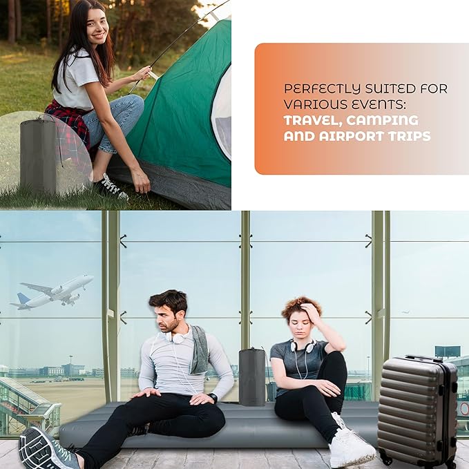 Skywin Inflatable Sleeping Pads for Camping &amp Airport Travels 77 x 26 x 5 Inches Air Mattress Sleeping Bag Inflatable with 8 HeadRest Along with Pillow-Like HeadRest Camping Essentials (Grey)