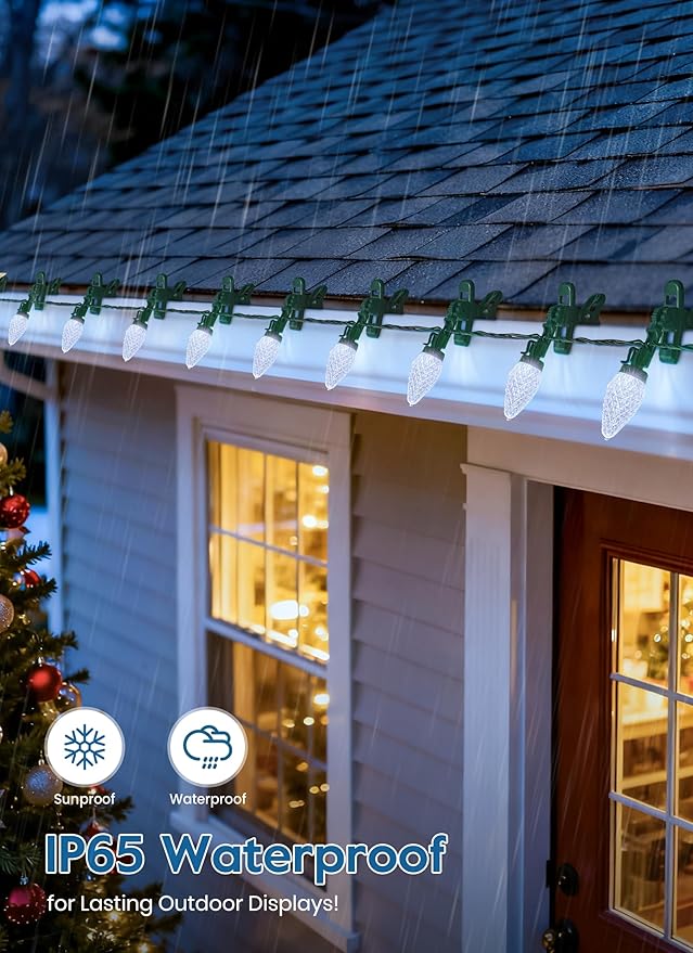 C9 LED Christmas Lights Outdoor 68 Feet 100 LED Strawberry String Lights with 100 Spring Clamps Commercial Grade Waterproof Extendable for Outside Roofline Patio Home Xmas Decoration Pure White
