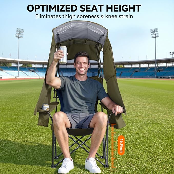 Camping Chair with Canopy Shade - Folding Beach Chair with UPF 50+ Sun Shade Cup Holder Side Pocket Portable Sports Chair for Adults Support 330 LBS Fishing Camp Outdoor Lawn Chair Green