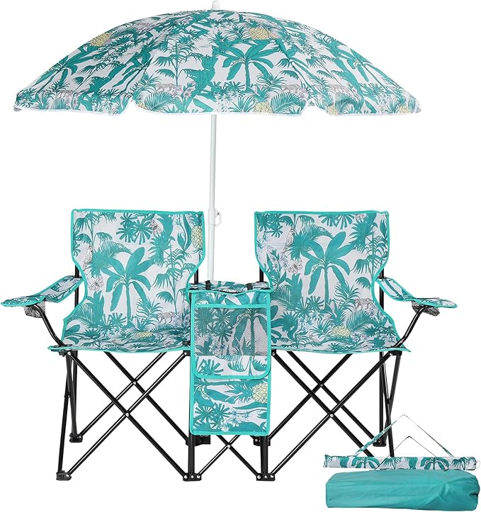 Double Camping Chair with Umbrella Folding Beach Chair Loveseat Chairs with Canopy Shade and Cooler Bag Double Rocker Chair Outdoor for Camping Beach Picnic Fishing Patio Pool Park