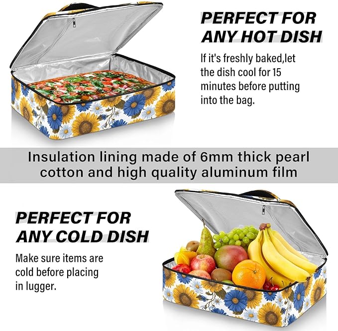 Casserole Carrier Pattern Sunflowers and Blue DaisiesInsulated Casserole Carrier for Hot or Cold Food Thermal Lunch Tote for Potluck Parties Picnic Beach Fits 9 x 13 Inches Baking Dish