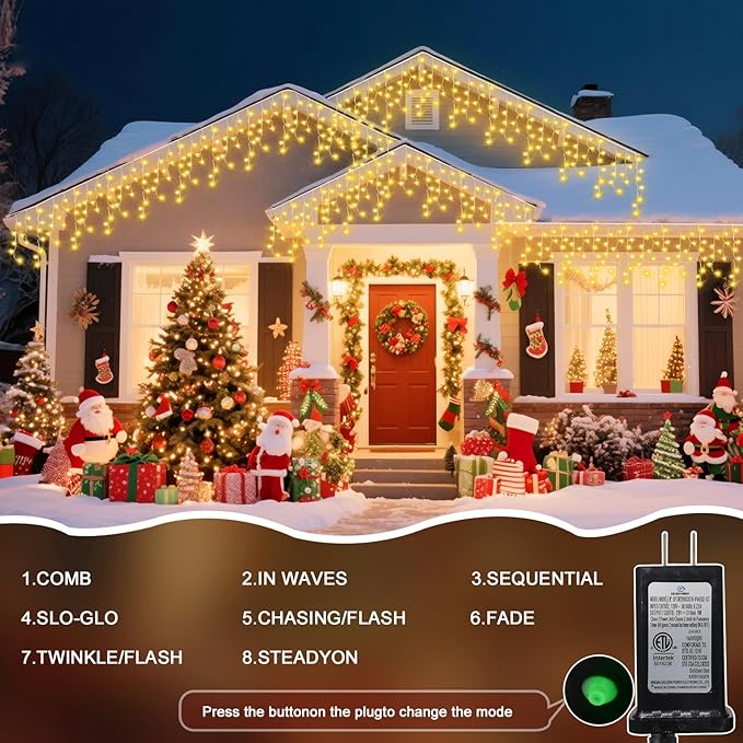 98 Ft Ice Lights for Outside 1216 LED Christmas Lights Outdoor Plug in Christmas String Lights with 8 Modes &amp Timer for Holiday Party Wedding House Patio Outdoor Decor(Warm White)