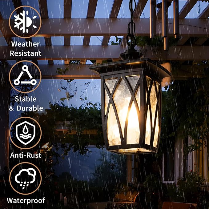 JYZ 2 Pack Outdoor Pendant Light Fixture 12'' Exterior Hanging Lantern Modern Black Metal Outside Chandelier Light Fixture Ceiling Mount with Water Ripple Glass &amp Adjustable Chain for Porch Gaz