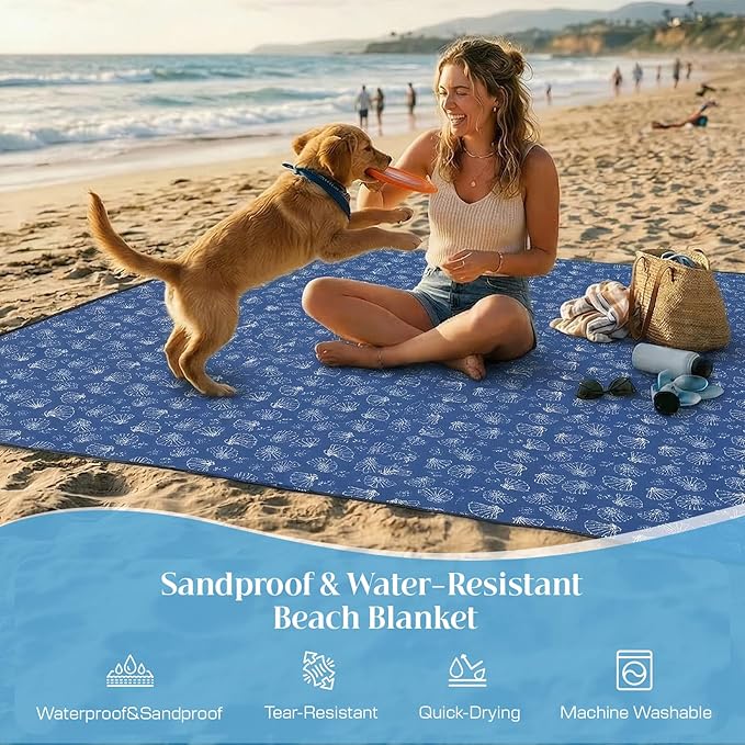 OIGAE Family Beach Blanket 7×8 ft Sand-Free Picnic Mat for 1–4 People Quick-Dry Lightweight Outdoor Blanket with Stakes &amp Corner Pockets Shell Blue