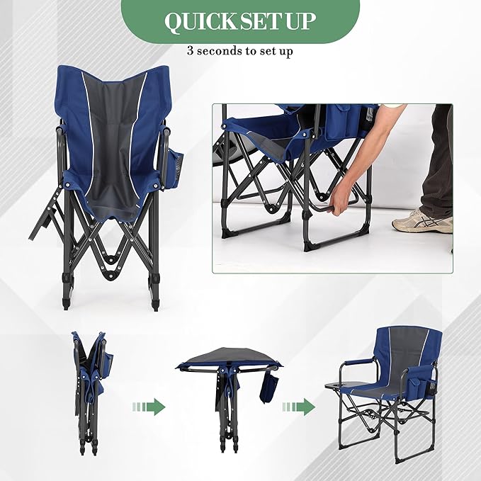 Oversized Camping Directors Chair Portable Folding Lawn Chairs for Adults Heavy Duty with Side Table Outdoor Foldable Camp Chair with Pocket for Beach FishingPicnic (2 Blue/Grey Oversized)