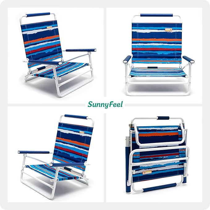 SunnyFeel Low Folding Beach Chair for Adults Lightweight Beach Chair Portable Camping Sand Chairs with Hard Armrest Supports 300lbs for Beach Lawn Concert