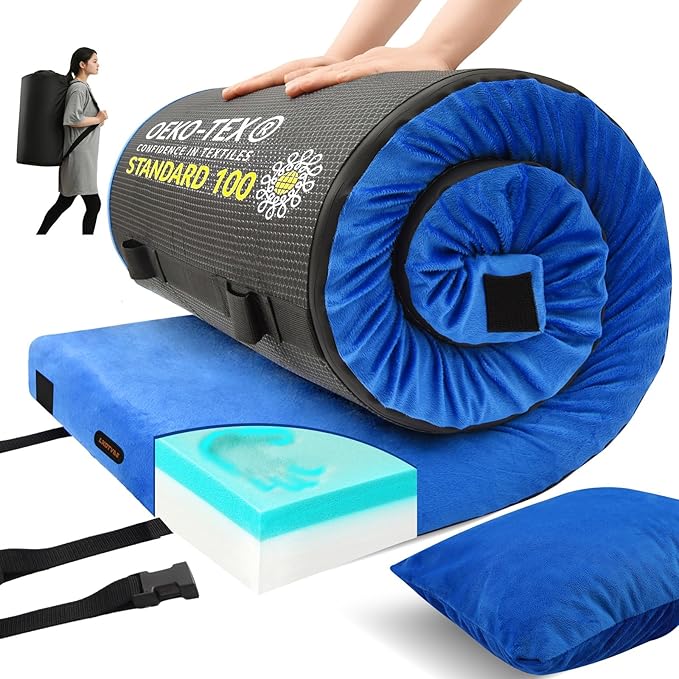 Memory Foam Camping Mattress pad Comfortable Thick Floor Sleeping Mat for Adults with Waterproof and Non-Slip Bottom Portable Roll Up Mattress for Sleepover GuestCot Mad for Car Camping