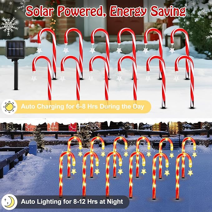 Lewondr 15 Solar Christmas Candy Cane Lights Outdoor Pathway Stake Lights with 2 Modes 108 LED Beads Waterproof Outside Xmas Decorations with Star Decor Lights for Yard Garden Holiday 12 Pack