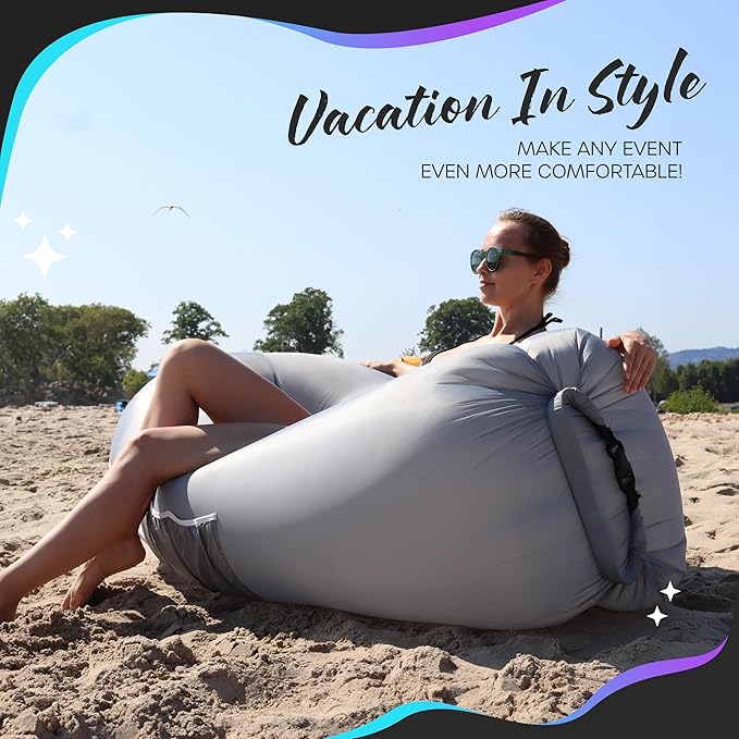Nevlers Gray Inflatable Lounger | 210T Polyester Inflatable Chair | No-Pump Blow Up Couch | Air Sofa w/ 450lbs. Capacity Pockets &amp Matching Bag | Use as Beach Chair Inflatable Couch for Adults &a