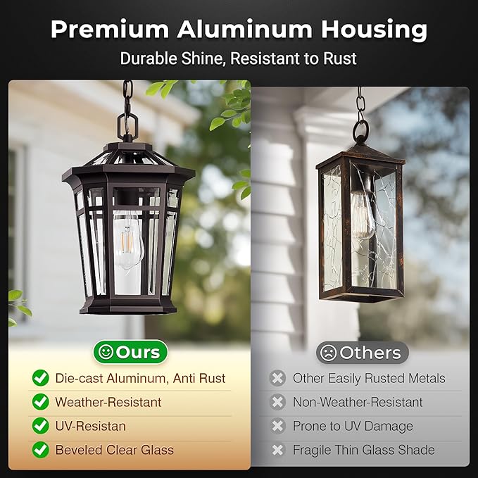 VIANIS Large Outdoor Pendant Light Oil Rubbed Bronze Outside Hanging Lights Hanging Porch Light Fixture with Adjustable Chain 100% Aluminum Waterproof Anti-Rust Ceiling Lighting for House Doorway