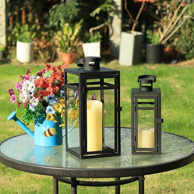 NEEDOMO Stainless Lanterns Decorative Outdoor &amp Indoor Set of 3 Outdoor Lanterns for Porch 22/ 17/14 Candle LanternStainless with Glass Water-Proof Farmhouse Patio Pathway Christmas