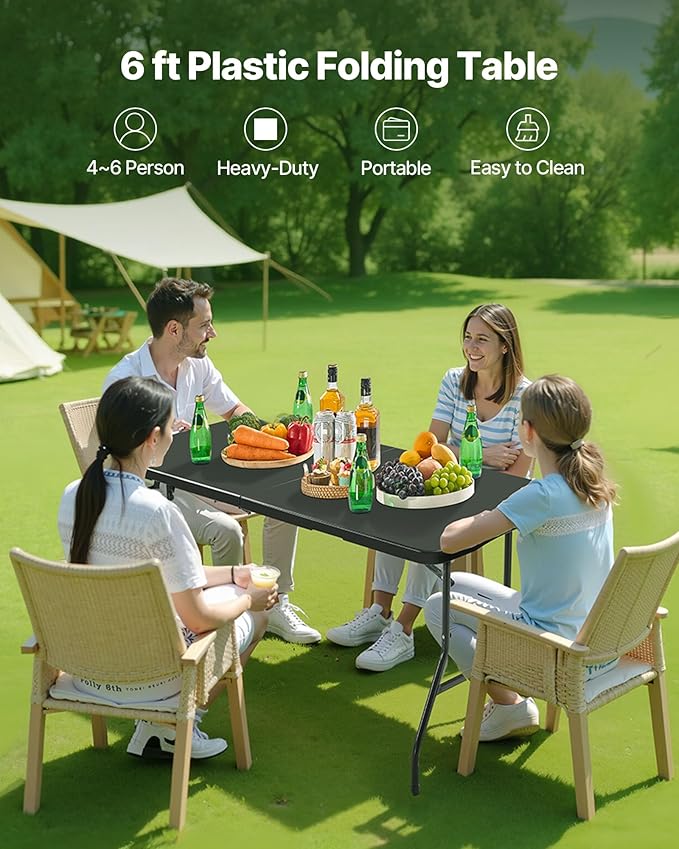 VEVOR Folding Table Heavy Duty Portable Fold-in-Half Utility Table Indoor Outdoor Plastic Rectangle Table with Built in Handle for Party Dining Wedding Events Picnic Camping 6 ft Black