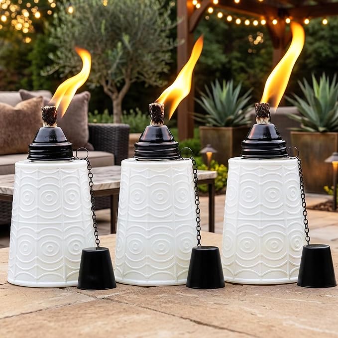 Seraphic Citronella Table Top Torches for Outdoor Patio 16oz Decorative Glass Torch Citronella Candles for Outside Deck Garden Parties Set of 3 White