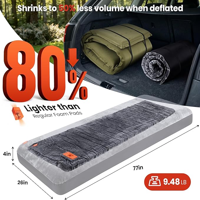 Self Inflating Sleeping Pad with Electric Pump 4 Ultra-Thick Foam Sleeping Mats for Camping with Built-in Pillow 9.5 R-Value 4 Season Camping Mattress Pad for Cot Truck Car Home