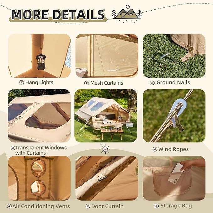 2026 Upgraded Inflatable Tents for Camping 6-8 Person Blow Up Tent with TPU Skylight Mesh Windows Stove Jack &amp Pump Easy Setup 4 Season Large Inflatable Tent Waterproof &amp Windproof