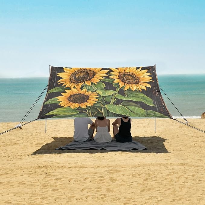 ALAZA Yellow Sunflowers Vintage Beach Tent Sun Shelter UPF50+ Protection Beach Shade Canopy w/ 4 Sandbags for Outdoor Camping Fishing Backyard Fun Picnic 10x9 ft