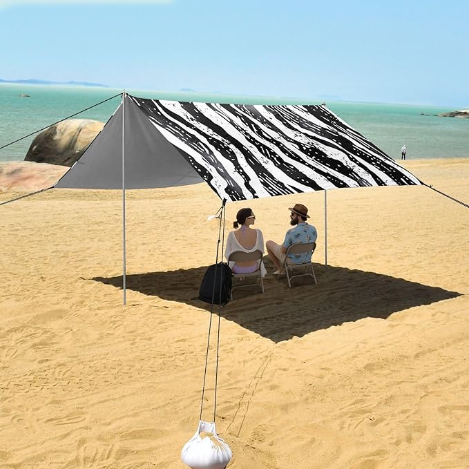 Zebra Stripes Black Beach Tent Sun Shelter 9.2' x 10.5' Beach Canopy with 4 Sandbags 4 Stability Poles Sand Shovels - Tent Canopy for Beach Camping Fishing Picnics