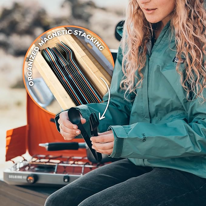 FULL WINDSOR Magware Camping Set - Travel Utensils for Outdoor Dining Backpacking &amp Camping Essentials - Knife Fork &amp Spoon with Pouch - Magnetic Silverware Lunchbox Utensils Cutlery - Black