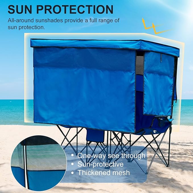 Double Beach Chair with Canopy Shade Heavy Duty Camping Chairs with Cup Holder Folding Loveseat for Outside Lawn
