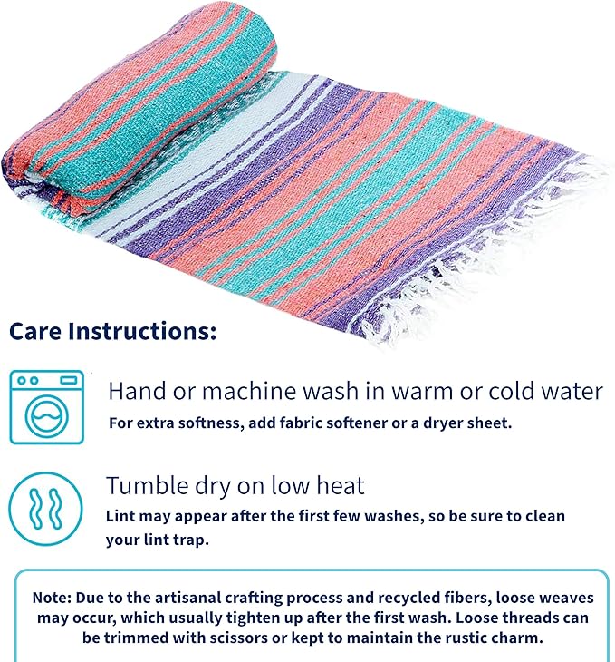 La Montana Mexican Blankets and Throws 4 Pack 74x50 - Made in Mexico Lightweight Yoga Blanket for Schools Studios Outdoors Camping Picnic Decor - Washable Light Purple/Melon/Mint/White