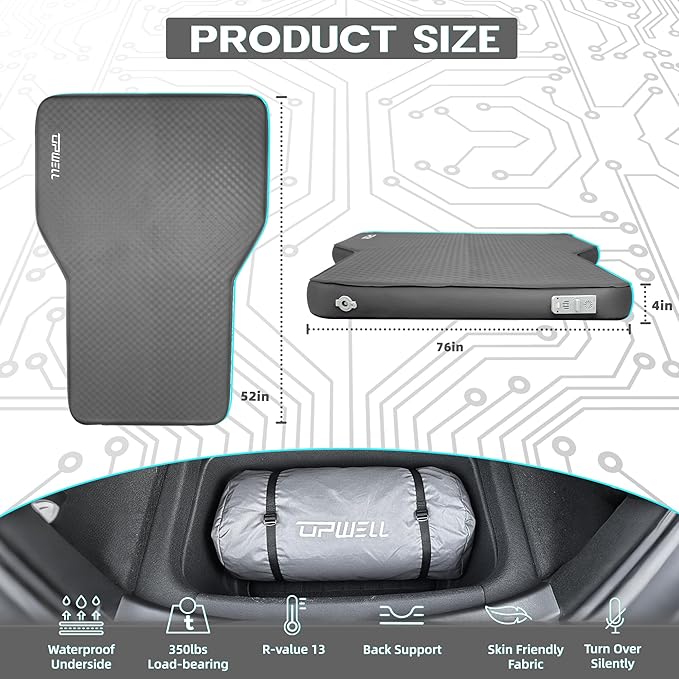 UPWELL Self Inflating Sleeping Pad Truck Camping Thick Mattress for Tesla Model Y Solid Foam 4 Season Car Bed Mattress Portable Roll Up Bed Greywith air Pump
