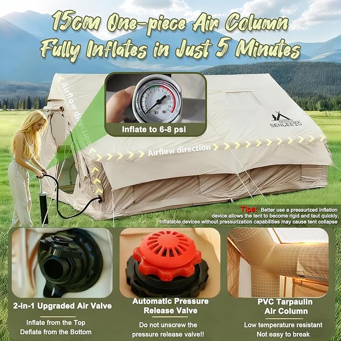 Inflatable Camping Tents 8-10 Person129 Square Feets Large Inflatable Camping Tent with Stove JackBlow up Tent with Mesh Windows &amp Pump
