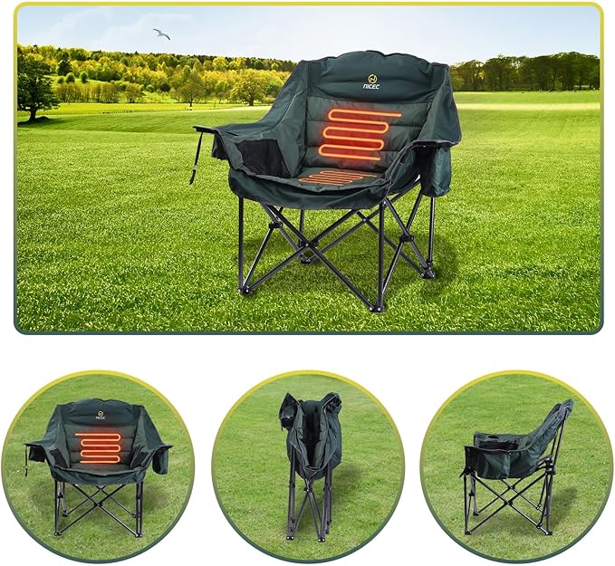 Nice C Heated Camping Chairs with Battery Outdoor Heated Sports Chair Oversized XL Padded Camping Chair Wide&ampThick Heavy Duty 400lb Carry Bag Cup Holder &amp Cooler (Two Green)