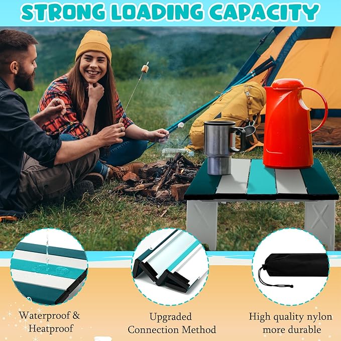 Beach Table Folding Camping Portable Table Striped White Aluminum Side with Carry Bag for Camping Picnics and Outdoor Activities(16x11x5 inCyan Green)