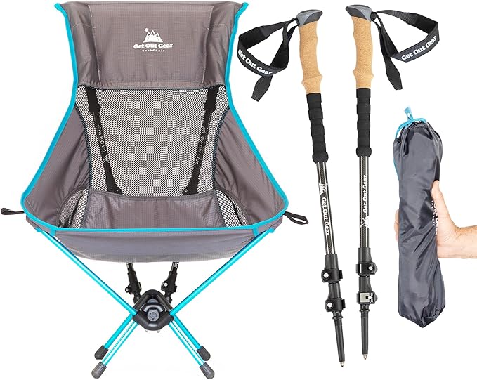 Get Out Gear TrekChair V2 Highback Backpacking Chair | 2-in-1 Trekking Pole and Camp Chair System | Extra Large and Wide with Headrest | Ultralight | Compact Packable and Lightweight Hiking Chair
