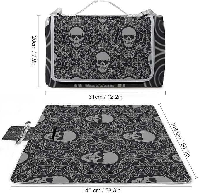 Gothic Skulls Damask Style Black White Waterproof Outdoor Picnic Blanket Sandproof Beach Mat for Camping Hiking Grass Travelling
