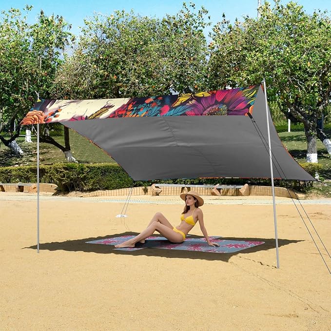 Beach Tent Sun Shelter Skull Bright Flowers Lightweight &amp Easy Setup Beach Shade Canopy for Camping Fishing