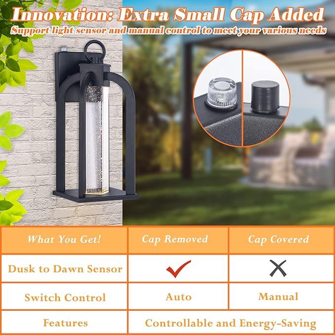Dusk to Dawn LED Outdoor Wall Light 14 Black Wall Lantern with Crystal Bubble Glass Exterior Light Fixture with Photocell Sensor IP65 Waterproof Anti Rust Outdoor Lighting for House Garage Porch