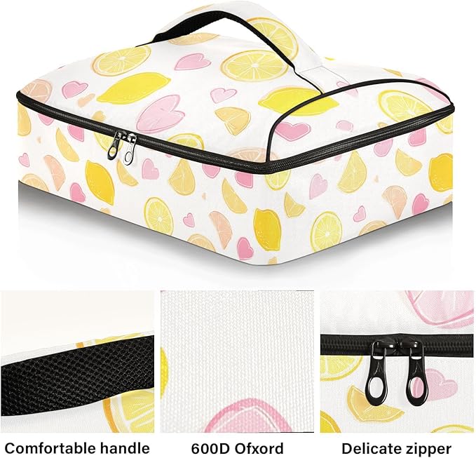 Casserole Carrier Lemon Slices and HeartInsulated Casserole Carrier for Hot or Cold Food Thermal Lunch Tote for Potluck Parties Picnic Beach Fits 9 x 13 Inches Baking Dish