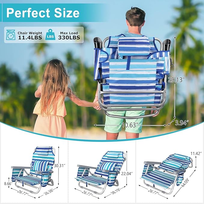 Suteck Beach Chair Adjustable 5-Position Backpack Beach Chairs for Adults Kids Foldable Lay Flat Chair with Cooler Bag Cup Holder and Lumbar Pillow Reclining Lay Down Chairs for Lawn Outdoor