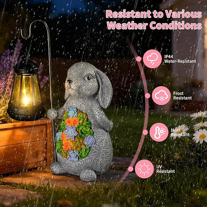 Solar Rabbit Garden Statue with Lantern – Waterproof Resin Outdoor Decor for Yard Lawn Patio Garden – Gift for Easter Christmas Housewarming – Solar Garden Decor
