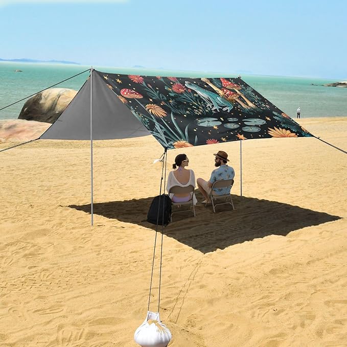 Mushrooms and Flowers Beach Tent Sun Shelter 9.2' x 10.5' Beach Canopy with 4 Sandbags 4 Stability Poles Sand Shovels - Tent Canopy for Beach Camping Fishing Picnics