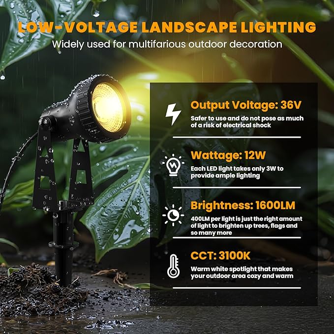 Outdoor Landscape Lighting 4-Pack Outdoor Spot Lights with Transformer Plug in LED Spot Lights for Garden Yard Backyard Plants Lawn Trees House Flags IP65 Waterproof – Warm White