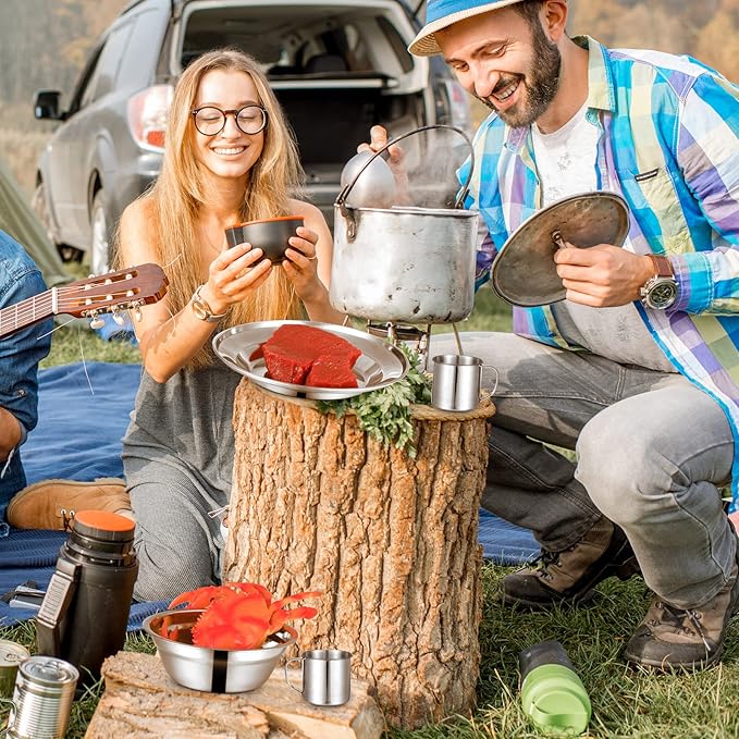 58 Pcs Camping Plates Cups and Bowls Set Stainless Steel Dishes Mess Kit Utensils Tableware with Spoons Forks Knives Storage Bags for 8 Person Outdoor Camping Backpacking Hiking Travel Picnic