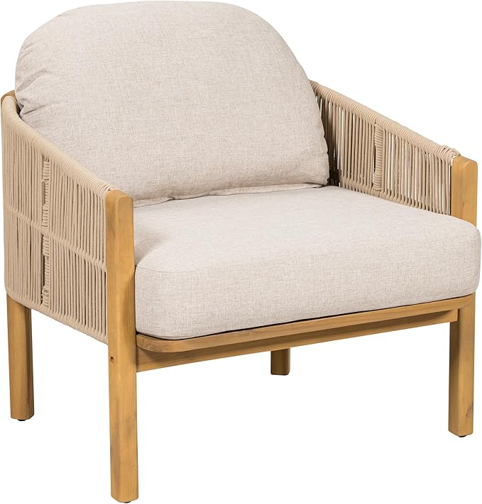 Outdoor Wood Club Chair Beige Rope with Beige Cushion