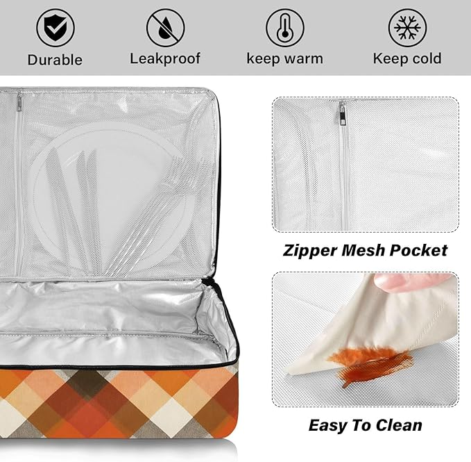Casserole Carrier Orange and Brown Tartan Insulated Casserole Carrier for Hot or Cold Food Thermal Lunch Tote for Parties Picnic Travel Carry Bag